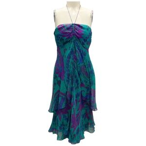 RALPH LAUREN BLACK LABEL TEAL / BLUE / PURPLE MULTI PRINTED SILK HALTER DRESS